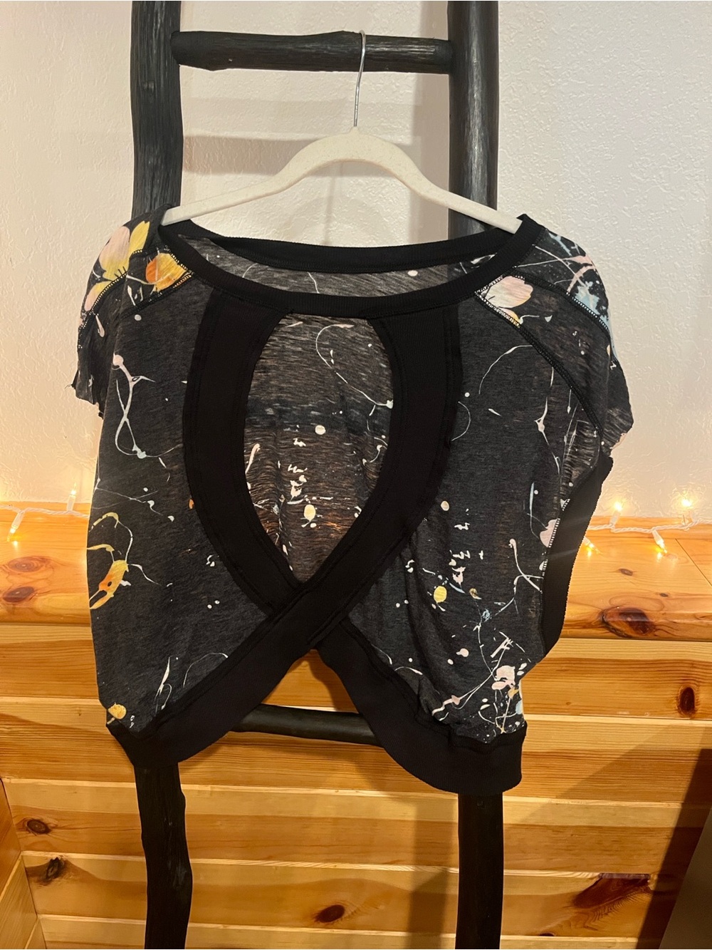 FP Movement by Free People Black Crop Top with Yellow & Pink Floral Splash - Picture 2 of 2